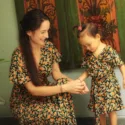 Matching Sommer Kleid Mama Tochter Grün Orange Wickelkleid