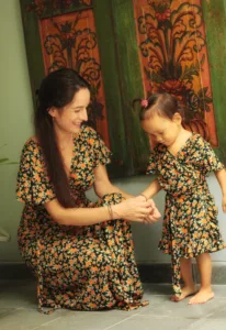 Matching Sommer Kleid Mama Tochter Grün Orange Wickelkleid
