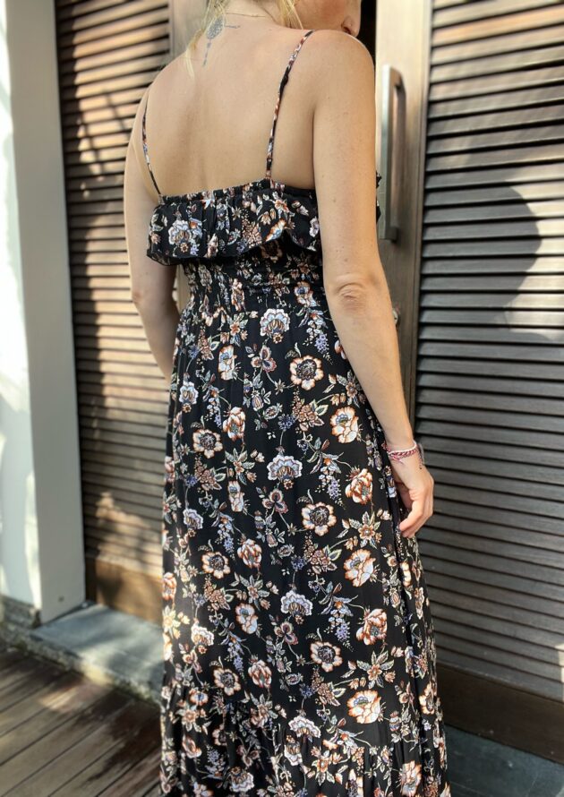 Volant Kleid mit tiefem Rücken Ausschnitt und Blumen Schwarz