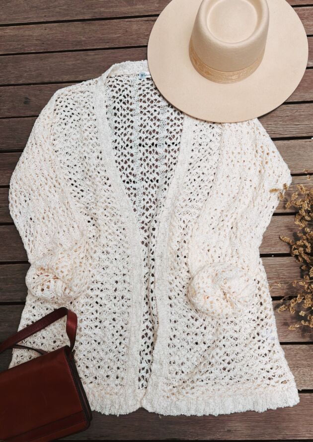 Boho Strickjacke Wollweiss