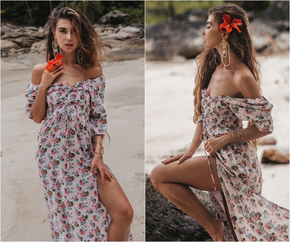 Weißes Boho Sommer Kleid Blumenmuster