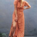 Boho-Chic-Damen-Sommerkleid-lang-hellbraun-orangebraun-Blumen-70er-Jahre-Vintage-style