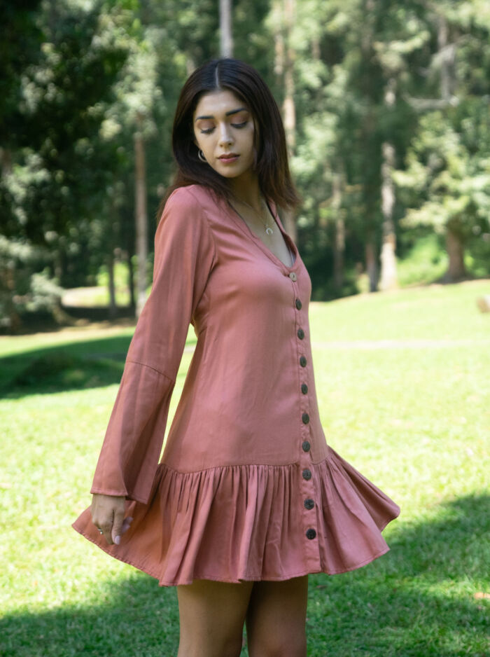 Bell Sleeve Mini Dress Cinnamon Viscose Satin Boho Style