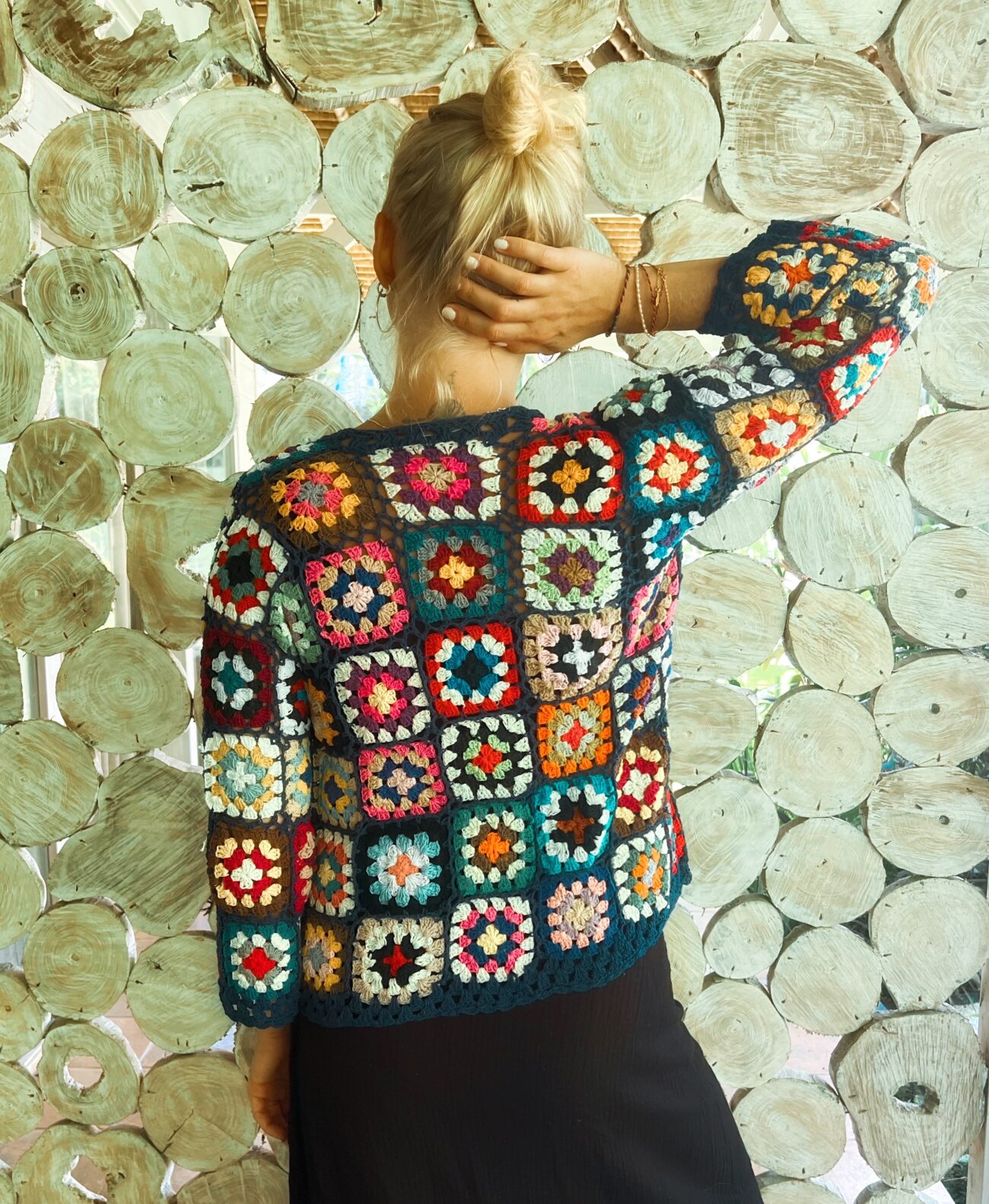 Damen Hippie Häkeljacke Blumen Patchwork