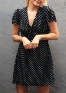 Damen-Polka-Dot-Kleid-schwaru-kurzarm-Sommer-Mini-Kleid