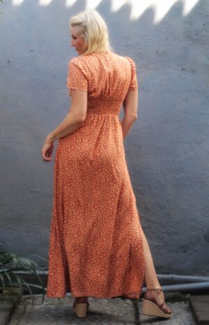 produkt bild Boho-Chic-Damen-Sommerkleid-lang-hellbraun-orangebraun-Blumen-70er-Jahre-Vintage-style