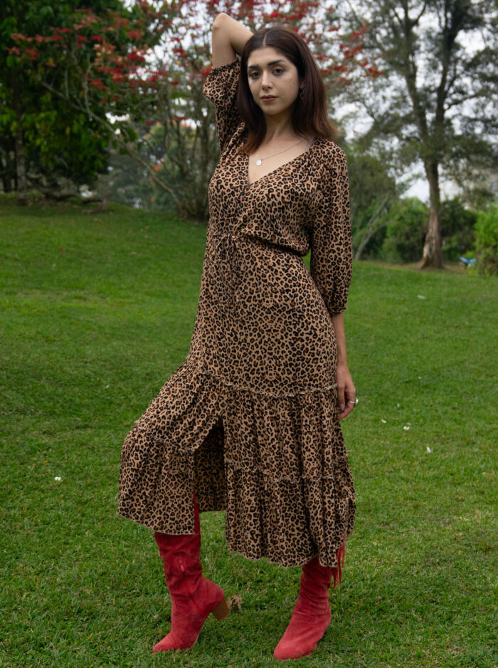 Bohemian Midi Dress 3 4 Sleeve Leo Print Boho Fall Leopard Dress