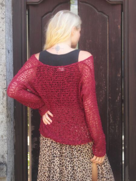 Product image Damen-Strickpullover-Häkel-Pullover-Shirt-Top-Langarm-Rot