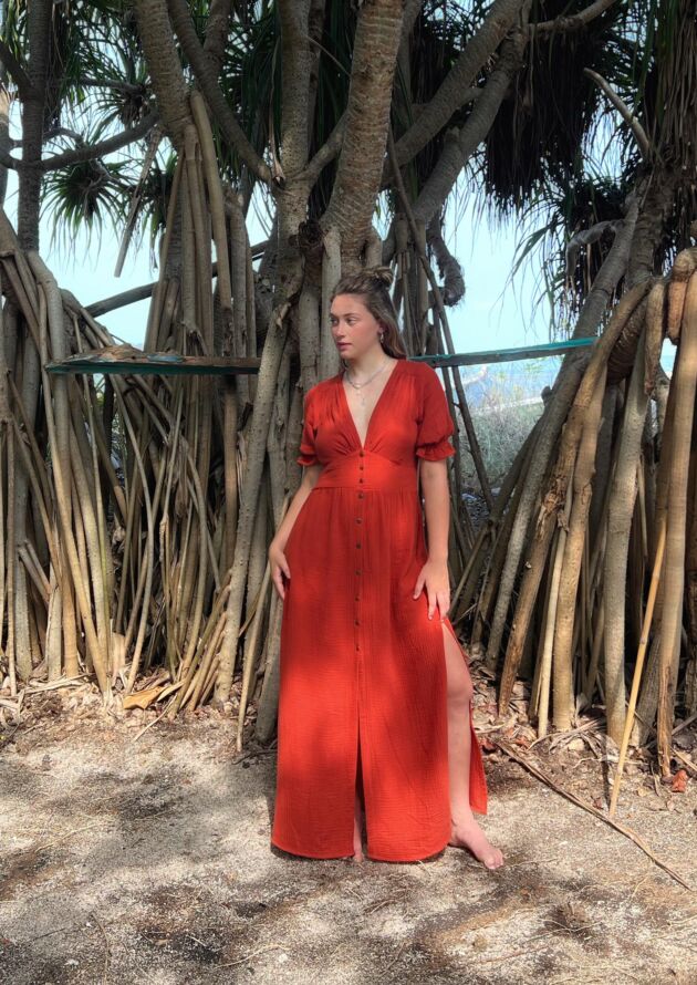 Boho-Damen-Sommerkleid-lang-mit-Knöpfen-rot-Musselin-Baumwolle