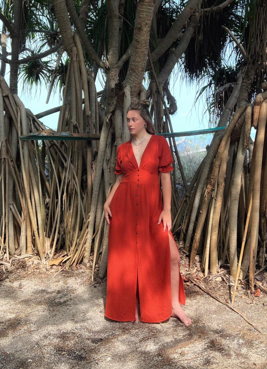 Boho-Damen-Sommerkleid-lang-mit-Knöpfen-rot-Musselin-Baumwolle