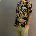 Herren-Bali-Sommer-Outfit-Blatt-Kurzarm-Hemd-Leinen-Bermuda-Shorts-Olivgrün