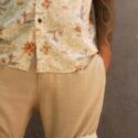 Men's Linen Bermuda Shorts with Fold-over Print - Summer Beige