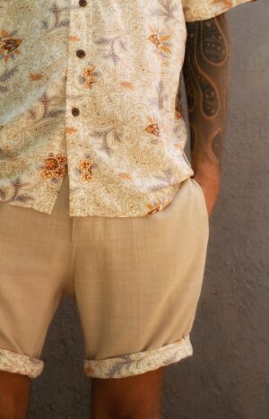 Men's Linen Bermuda Shorts with Fold-over Print - Summer Beige