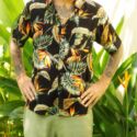 Herren-Blatt-Bali-Blumen-Kurzarm-Shirt-Schwarz