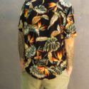Herren-Hawaii-Shirt-Blatt-Druck-Schwarz-Leinenhose-Kurz-Bermuda-Shorts-Olivgrün