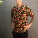Herren-Sommer-Outfit-Blumen-Hemnd-Kurzarm-Bermuda-Chino-Leinen-Hose-schwarz