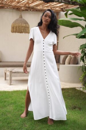 Damen-Baumwollkleid-lang-mit-Knopfleiste-Weiß