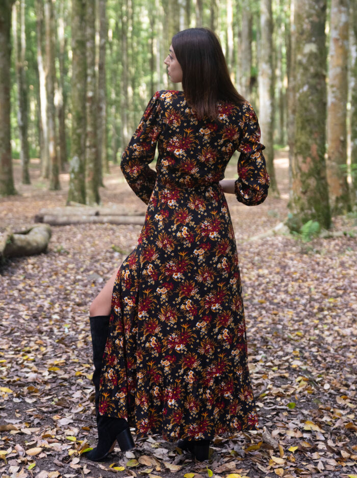 Black Boho Maxi Dress red flowers Floral Fall Winter Dress