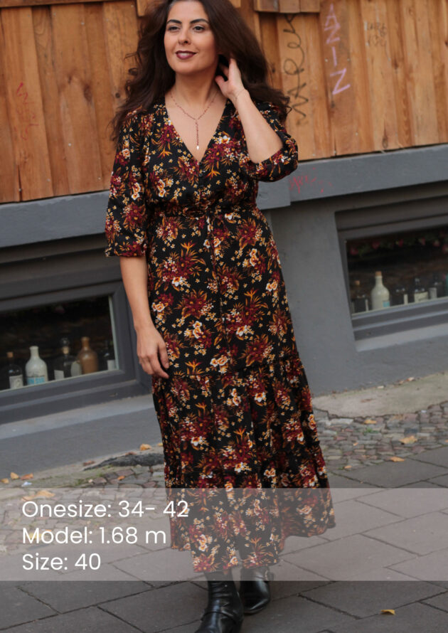 Damen-Midi-Maxi-Kleid-Blumen-schwarz-Größe-40