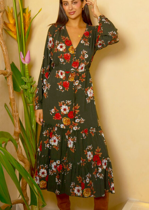 Langarm Kleid Blumen dunkelgrün “Hopeless romantic”