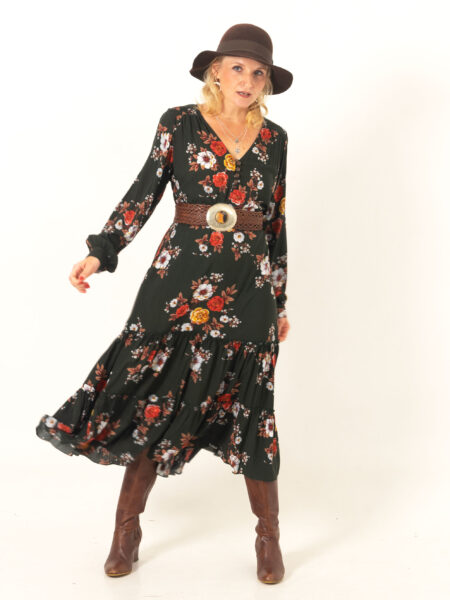 Product image Damen-Herbst-Winter-Kleid-langärmelig-dunkelgrün-mit-Blumenmuster-Boho-Chic-Stil