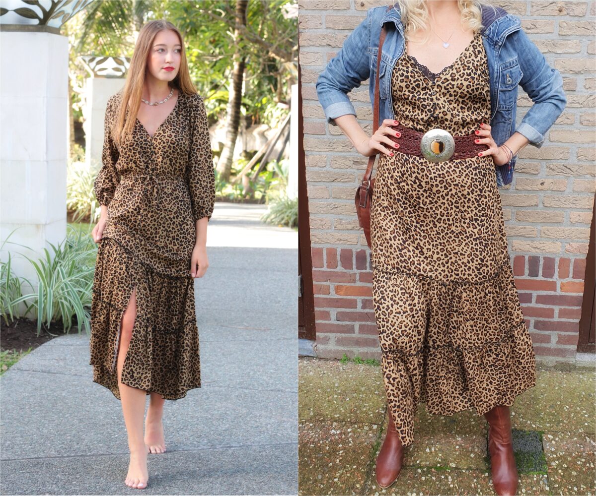 Boho Kleid Leo Print Leoparden Kleid Bohemian Style Hippie Ibiza Midi